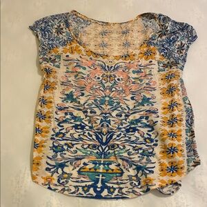 Lucky Brand Blue pink orange gold geometric Pattern floral short sleeve cotton